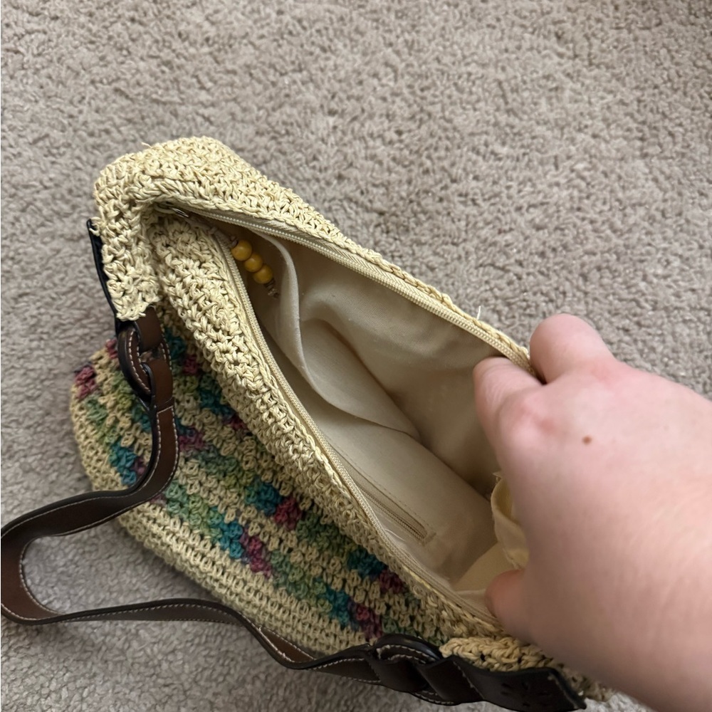 Boho crochet shoulder bag colorful woven detail leather straps festival beach - Picture 4 of 4